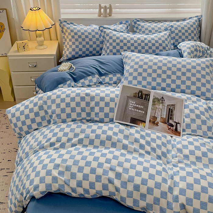 91家纺网 家纺一手货源 找家纺 楠沐家纺 2025新款亲肤柔软水洗棉磨毛四件套 棋盘格蓝