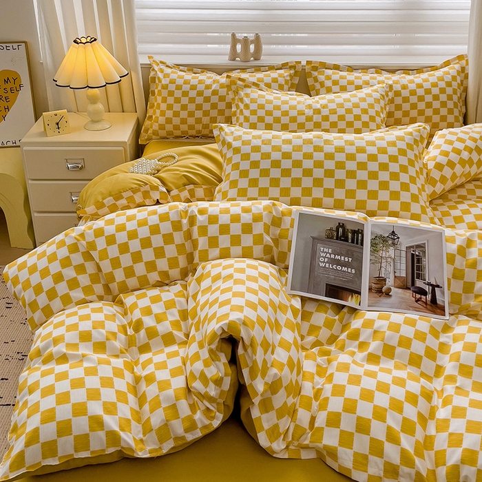 91家纺网 家纺一手货源 找家纺 楠沐家纺 2025新款亲肤柔软水洗棉磨毛四件套 棋盘格黄