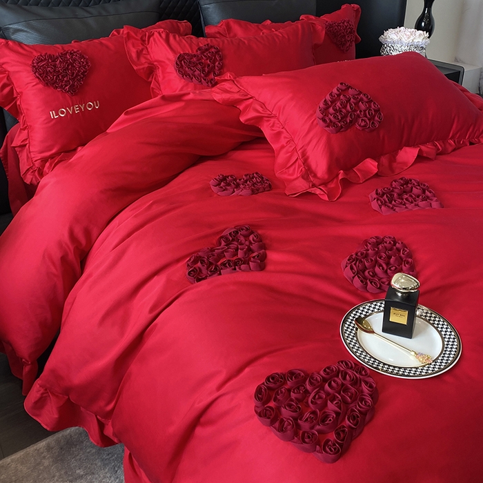 91家纺网 家纺一手货源 找家纺 优悦_新款磨毛婚庆3D立体绣花四件套 心里有你