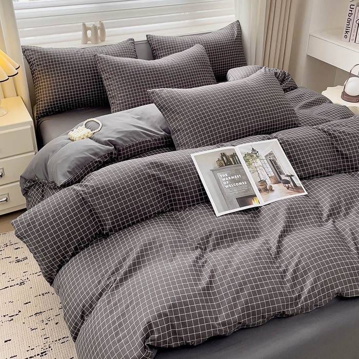 91家纺网 家纺一手货源 找家纺 楠沐家纺 2025新款亲肤柔软水洗棉磨毛四件套 黑小格