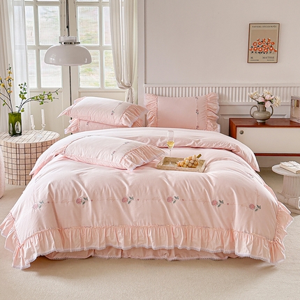 亲亲公主 2025新款亲肤舒适全棉绣花公主风四件套-彩色玫瑰 美人玉