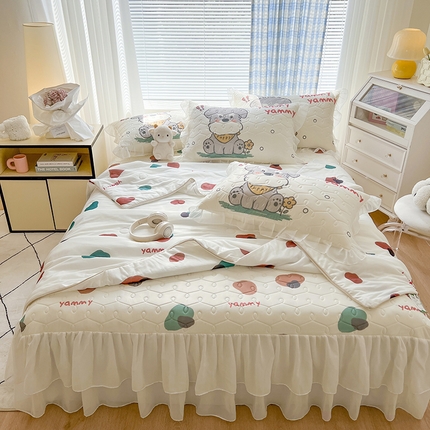 网红馆  2025新款卡通冰丝加厚乳胶凉席床裙款 快乐小狗