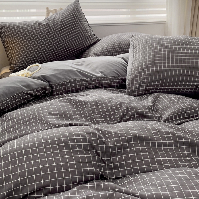 91家纺网 家纺一手货源 找家纺 楠沐家纺 2025新款亲肤柔软水洗棉磨毛四件套 黑小格