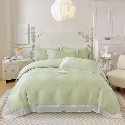 91家纺网 家纺一手货源 找家纺 菲儿家纺 2024新款水洗真丝花边刺绣四件套-萌萌兔系列 萌萌兔青柠绿