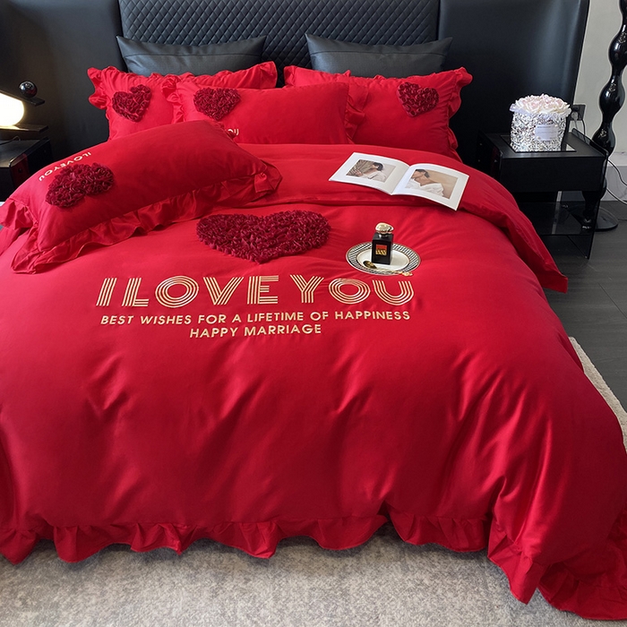 91家纺网 家纺一手货源 找家纺 优悦_新款磨毛婚庆3D立体绣花四件套 一生所爱