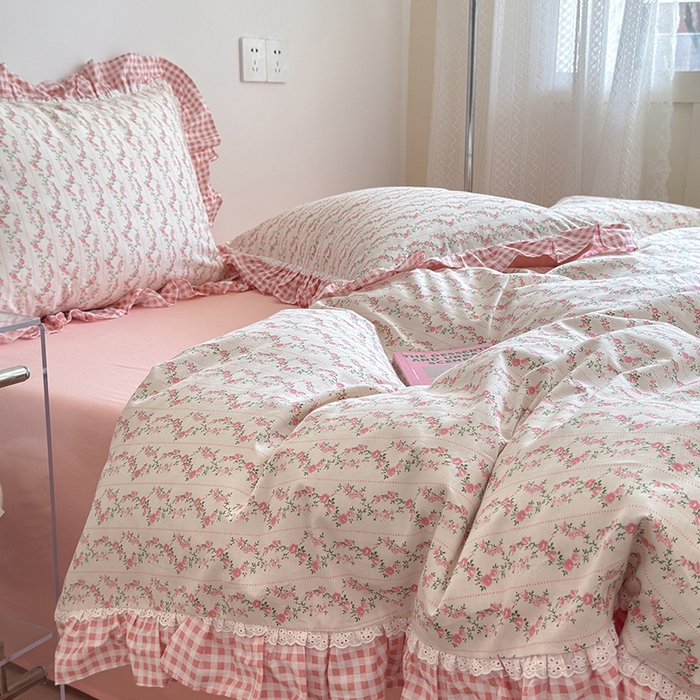 91家纺网 家纺一手货源 找家纺 沐棉 2024新款韩式公主风全棉花边四件套 芬芳