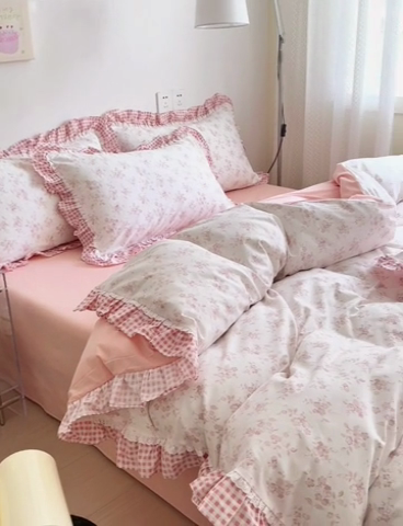 91家纺网 家纺一手货源 找家纺 沐棉 2024新款韩式公主风全棉花边四件套 倾城