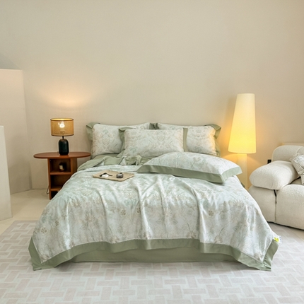 91家纺网 家纺一手货源 找家纺 若未2025新款法式莱赛尔天丝印花镂空夏被和夏被四件套 素瑾（绿）