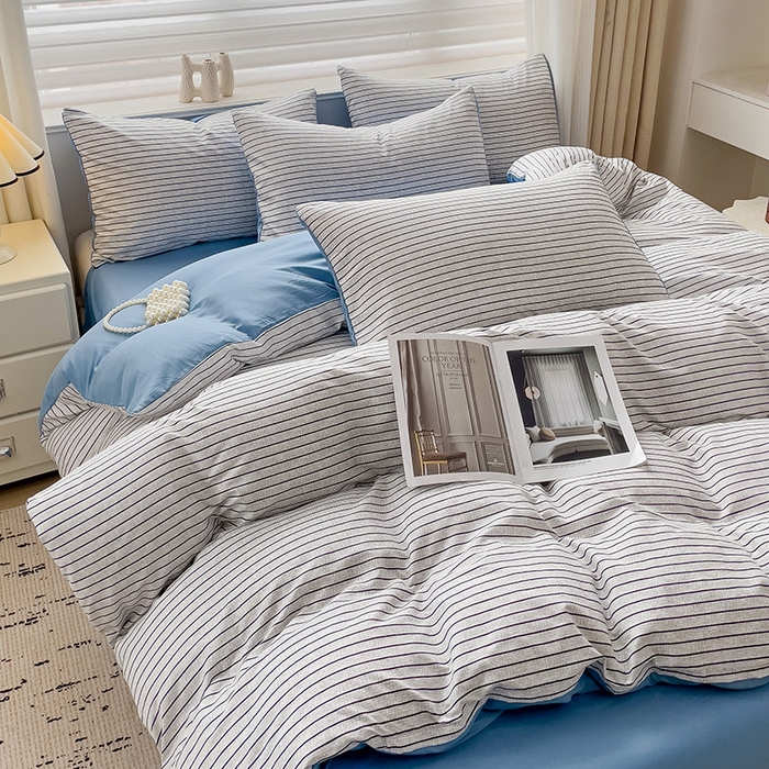 91家纺网 家纺一手货源 找家纺 楠沐家纺 2025新款亲肤柔软水洗棉磨毛四件套 白条蓝