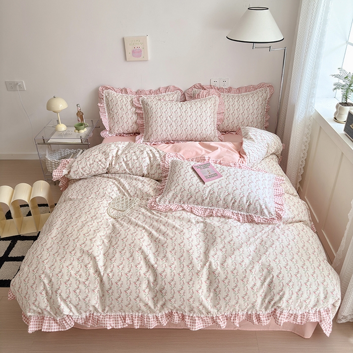 91家纺网 家纺一手货源 找家纺 沐棉 2024新款韩式公主风全棉花边四件套 芬芳