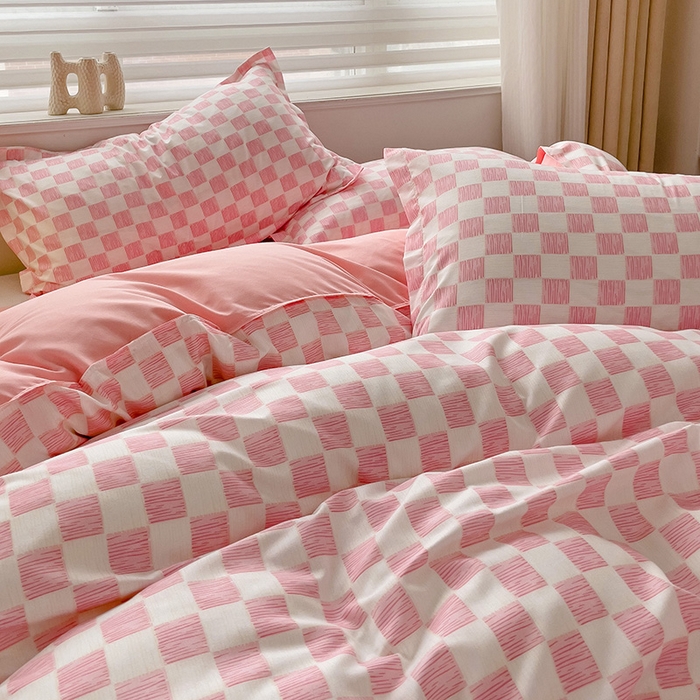 91家纺网 家纺一手货源 找家纺 楠沐家纺 2025新款亲肤柔软水洗棉磨毛四件套 棋盘格粉