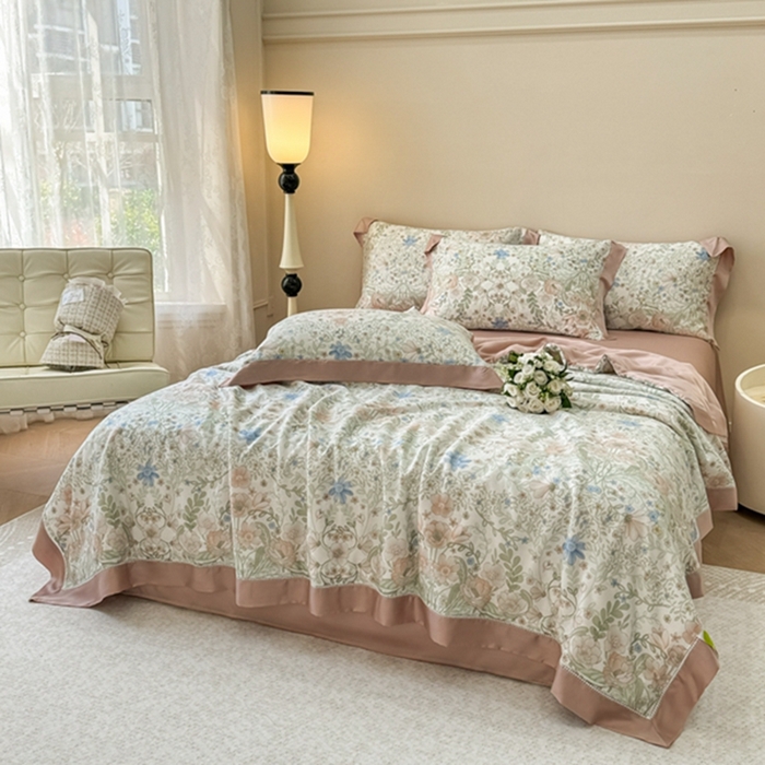 91家纺网 家纺一手货源 找家纺 若未2025新款法式莱赛尔天丝印花镂空夏被和夏被四件套 花海缠绵