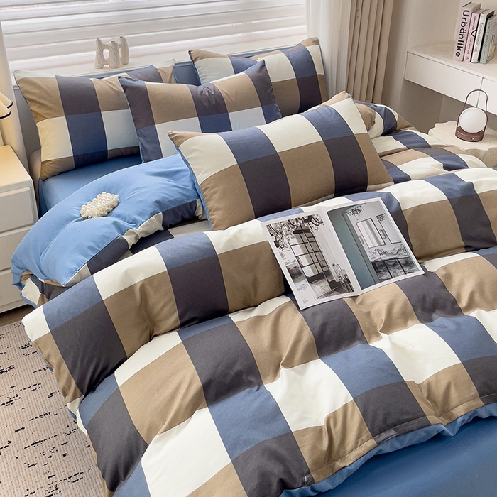 91家纺网 家纺一手货源 找家纺 楠沐家纺 2025新款亲肤柔软水洗棉磨毛四件套 蓝大格