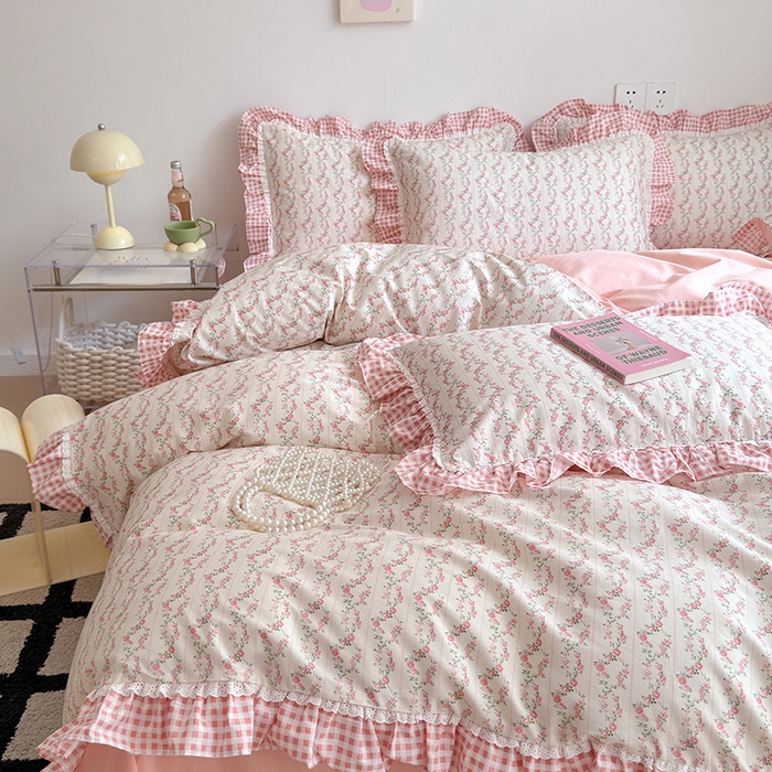 91家纺网 家纺一手货源 找家纺 沐棉 2024新款韩式公主风全棉花边四件套 芬芳