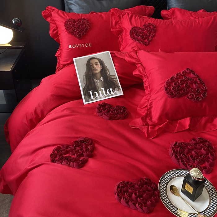 91家纺网 家纺一手货源 找家纺 优悦_新款磨毛婚庆3D立体绣花四件套 心里有你