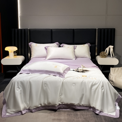 91家纺网 家纺一手货源 找家纺 佳品居 2024新款水洗天丝绣花工艺夏被四件套-山茶花系列 山茶花-奶昔白+浅紫