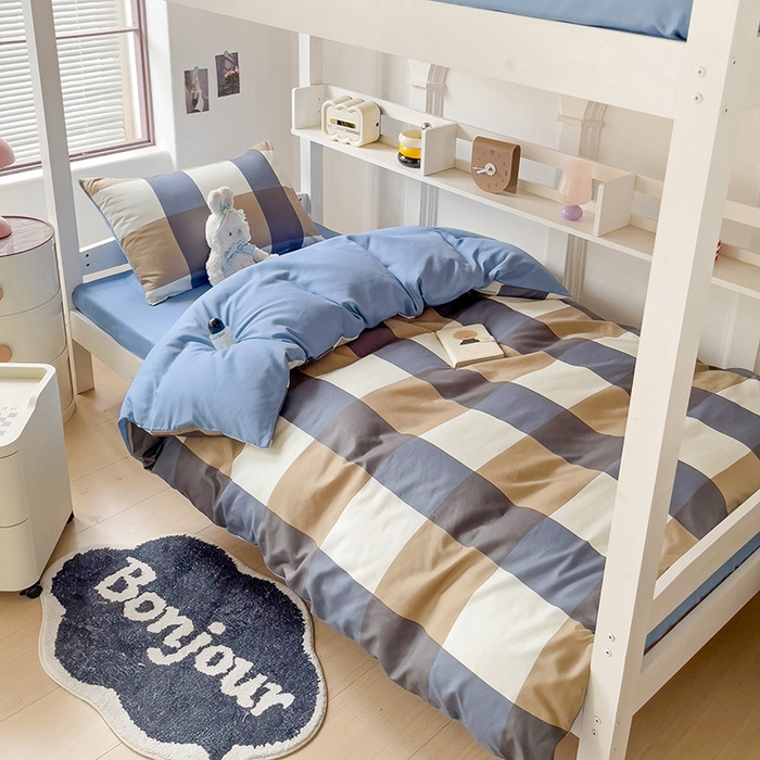 91家纺网 家纺一手货源 找家纺 楠沐家纺 2025新款无印风亲肤柔软水洗棉磨毛学生床四件套 蓝大格