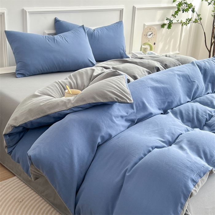 91家纺网 家纺一手货源 找家纺 多品家纺 2024年春夏新品全棉双拼纯色无印风四件套 卡布里蓝