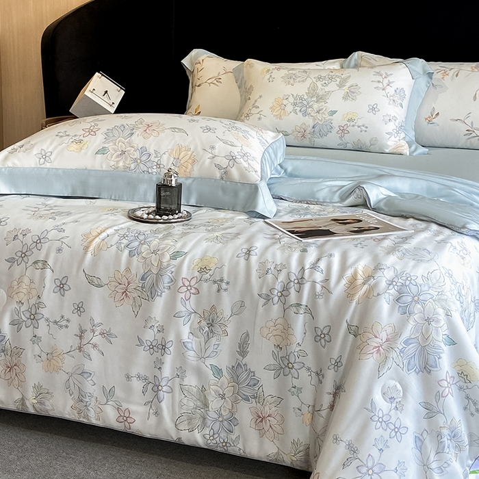 91家纺网 家纺一手货源 找家纺 梵克保罗 2024新款莱赛尔数码印花夏被四件套 春日蜜糖 兰