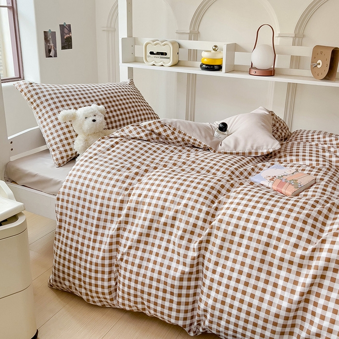 91家纺网 家纺一手货源 找家纺 楠沐家纺 2025新款无印风亲肤柔软水洗棉磨毛学生床四件套 咖小格