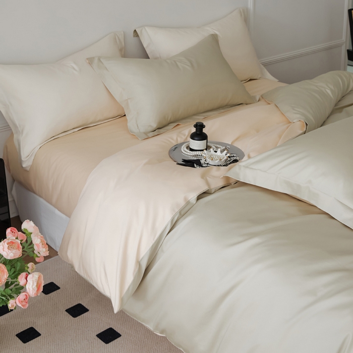 91家纺网 家纺一手货源 找家纺 新款绵柔软糯长绒棉拼色四件套 芝士奶咖