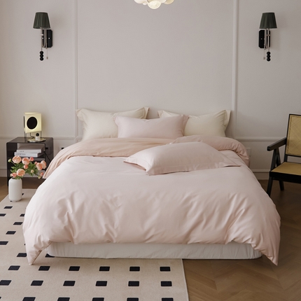 新款绵柔软糯长绒棉拼色四件套 玫瑰木粉