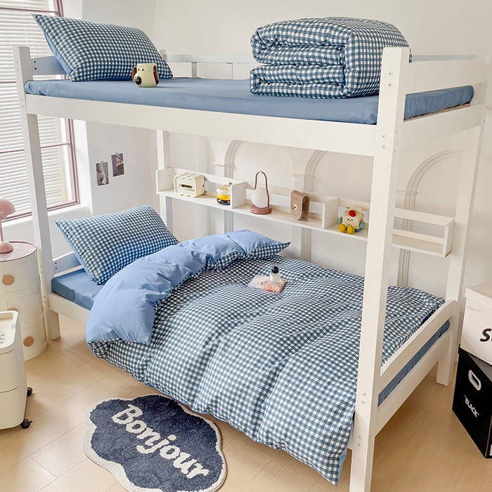 91家纺网 家纺一手货源 找家纺 楠沐家纺 2025新款无印风亲肤柔软水洗棉磨毛学生床四件套 蓝小格