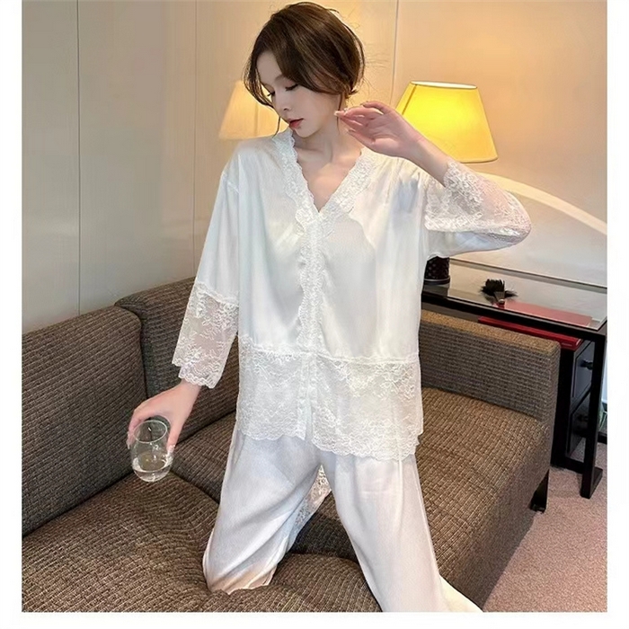 91家纺网 家纺一手货源 找家纺 洛兰沙家居馆【只代发】【只代发】 2024新款冰丝蕾丝睡裙 23101-白色