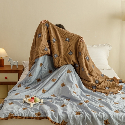 麻依 2024新款泡芙被夏季款五层纱布夏被夏凉被 蓝色小熊