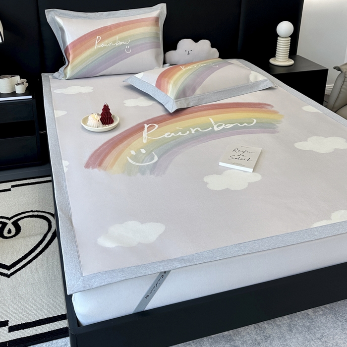 91家纺网 家纺一手货源 找家纺 JUICY 橘滋家纺 2024新款A类数码印花抑菌冰丝床席款床笠款软凉席套件 微笑彩虹（平席款）