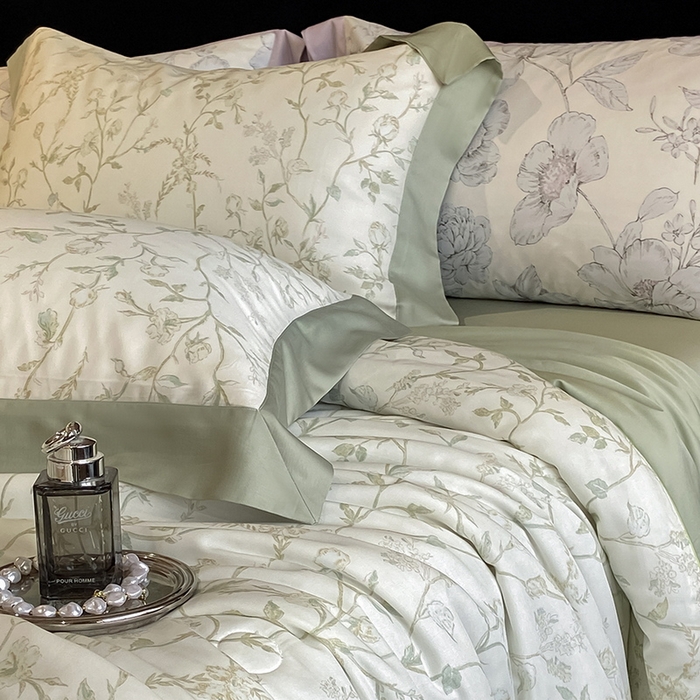 91家纺网 家纺一手货源 找家纺 梵克保罗 2024新款莱赛尔数码印花夏被四件套 浅爱 米