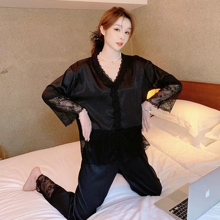 洛兰沙家居馆【只代发】【只代发】 2024新款冰丝蕾丝睡裙 23101-黑色