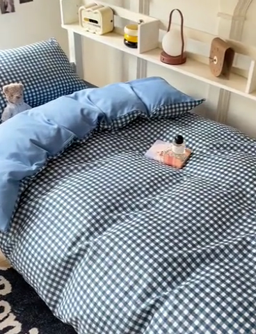91家纺网 家纺一手货源 找家纺 楠沐家纺 2025新款无印风亲肤柔软水洗棉磨毛学生床四件套 蓝小格
