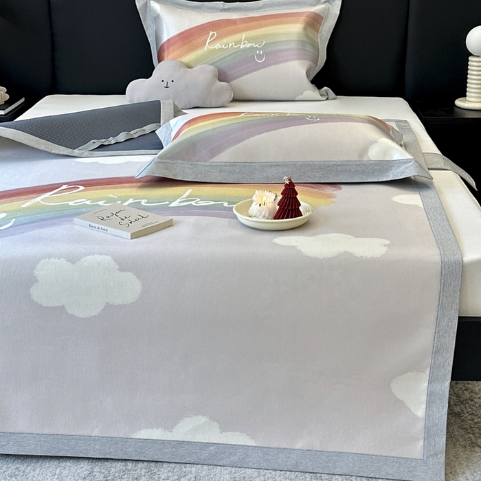 91家纺网 家纺一手货源 找家纺 JUICY 橘滋家纺 2024新款A类数码印花抑菌冰丝床席款床笠款软凉席套件 微笑彩虹（平席款）