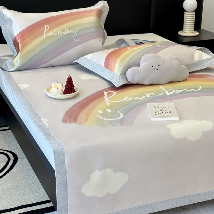 91家纺网 家纺一手货源 找家纺 JUICY 橘滋家纺 2024新款A类数码印花抑菌冰丝床席款床笠款软凉席套件 微笑彩虹（平席款）