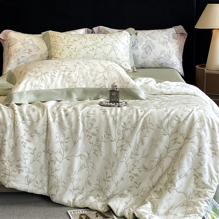 91家纺网 家纺一手货源 找家纺 梵克保罗 2024新款莱赛尔数码印花夏被四件套 浅爱 米