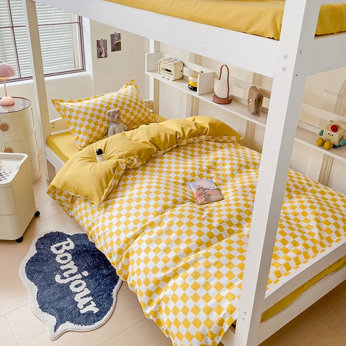 91家纺网 家纺一手货源 找家纺 楠沐家纺 2025新款无印风亲肤柔软水洗棉磨毛学生床四件套 棋盘格黄