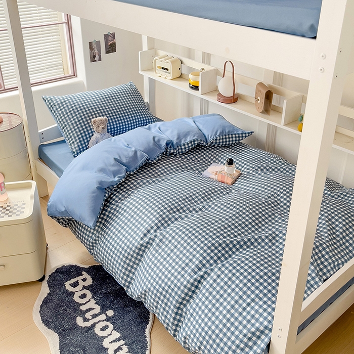 91家纺网 家纺一手货源 找家纺 楠沐家纺 2025新款无印风亲肤柔软水洗棉磨毛学生床四件套 蓝小格