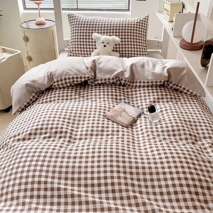 91家纺网 家纺一手货源 找家纺 楠沐家纺 2025新款无印风亲肤柔软水洗棉磨毛学生床四件套 咖小格