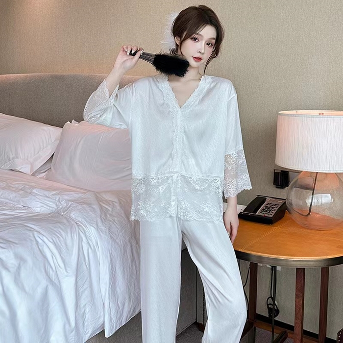 91家纺网 家纺一手货源 找家纺 洛兰沙家居馆【只代发】【只代发】 2024新款冰丝蕾丝睡裙 23101-白色