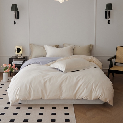 新款绵柔软糯长绒棉拼色四件套 栀子蓝灰