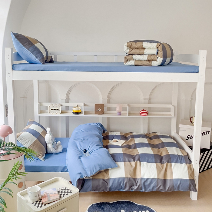 91家纺网 家纺一手货源 找家纺 楠沐家纺 2025新款无印风亲肤柔软水洗棉磨毛学生床四件套 蓝大格