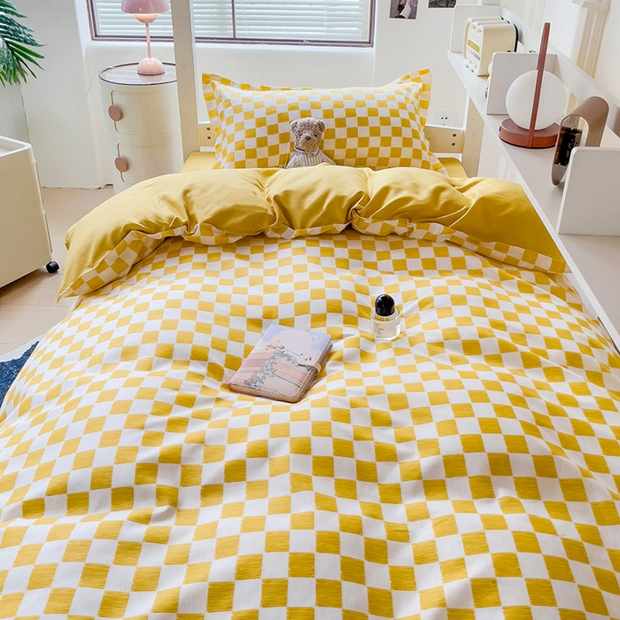 91家纺网 家纺一手货源 找家纺 楠沐家纺 2025新款无印风亲肤柔软水洗棉磨毛学生床四件套 棋盘格黄