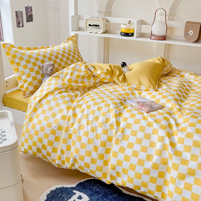 91家纺网 家纺一手货源 找家纺 楠沐家纺 2025新款无印风亲肤柔软水洗棉磨毛学生床四件套 棋盘格黄