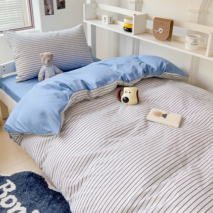楠沐家纺 2025新款无印风亲肤柔软水洗棉磨毛学生床四件套 白条蓝