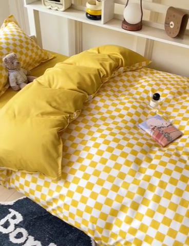 91家纺网 家纺一手货源 找家纺 楠沐家纺 2025新款无印风亲肤柔软水洗棉磨毛学生床四件套 棋盘格黄