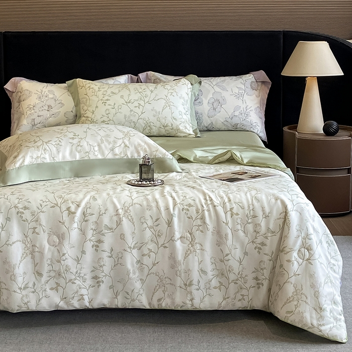 91家纺网 家纺一手货源 找家纺 梵克保罗 2024新款莱赛尔数码印花夏被四件套 浅爱 米