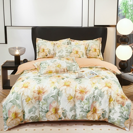 91家纺网 家纺一手货源 找家纺 雲归梦 2024新款全棉铂金棉数码印花四件套花的旅途 桔