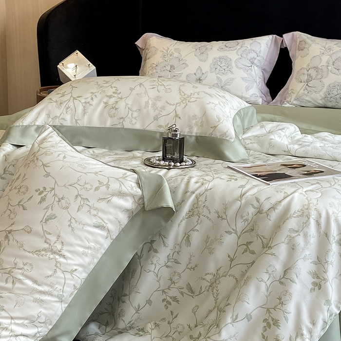 91家纺网 家纺一手货源 找家纺 梵克保罗 2024新款莱赛尔数码印花夏被四件套 浅爱 米