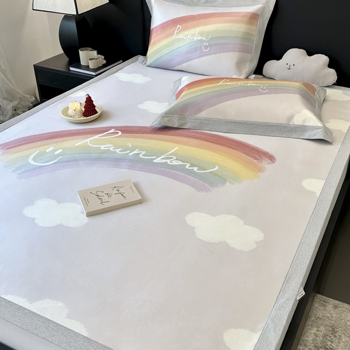 91家纺网 家纺一手货源 找家纺 JUICY 橘滋家纺 2024新款A类数码印花抑菌冰丝床席款床笠款软凉席套件 微笑彩虹（平席款）